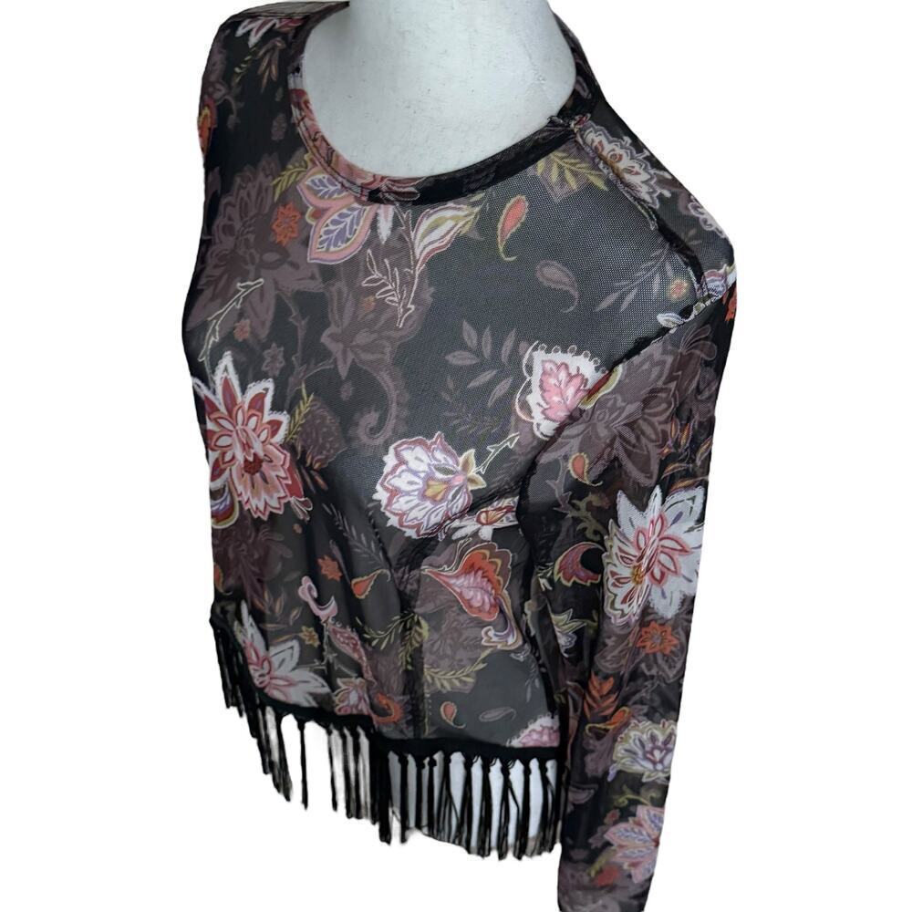 Nouvida Sheer Floral Print Mesh Top Fringe Hem Boho Festival NWT Wmn’s Lg. - Picture 5 of 7